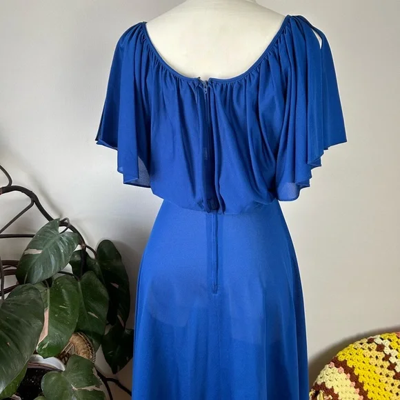 Vintage 70’s Young Edwardian Royal Blue Angel Sleeve Sheer Midi Dress - Picture 13 of 14